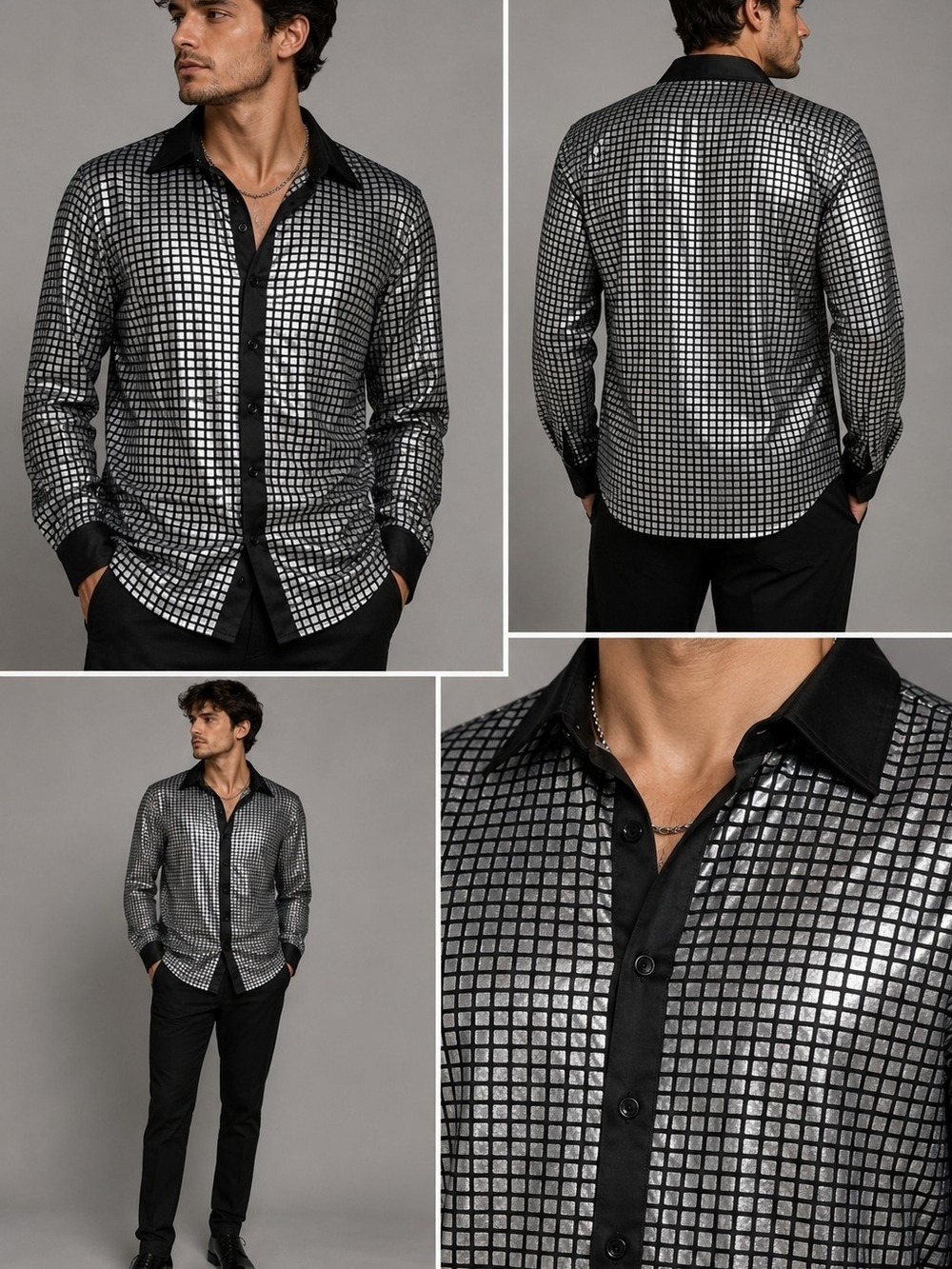 JOGAL Men's XL Metallic Silver Black Geometric Button Down Disco Party Shirt